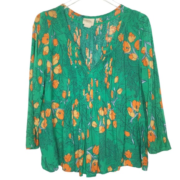 Anthropologie Tops - Anthropologie 10 Vanessa Virginia Pleated V Neck Blouse Green Floral
